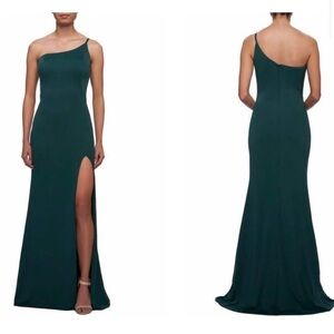 Green prom dress. One strap with slit down the side